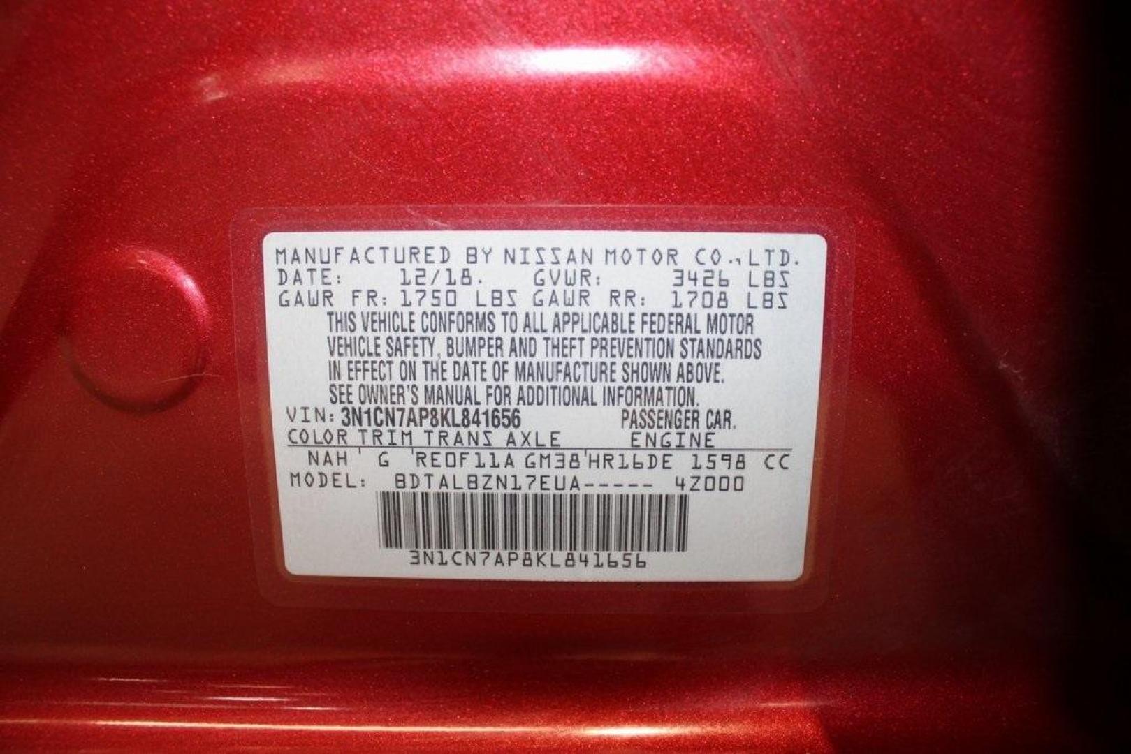 2019 Cayenne Red Metallic /Charcoal Nissan Versa 1.6 SV (3N1CN7AP8KL) with an 1.6L 4-Cylinder DOHC 16V engine, CVT transmission, located at 15300 Midway Rd., Addison, TX, 75001, (972) 702-0011, 32.958321, -96.838074 - Photo#27