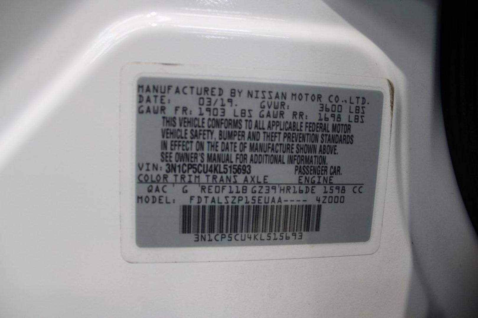 2019 Aspen White Tricoat /Charcoal Nissan Kicks SV (3N1CP5CU4KL) with an 1.6L 4-Cylinder DOHC 16V engine, CVT transmission, located at 15300 Midway Rd., Addison, TX, 75001, (972) 702-0011, 32.958321, -96.838074 - Photo#28