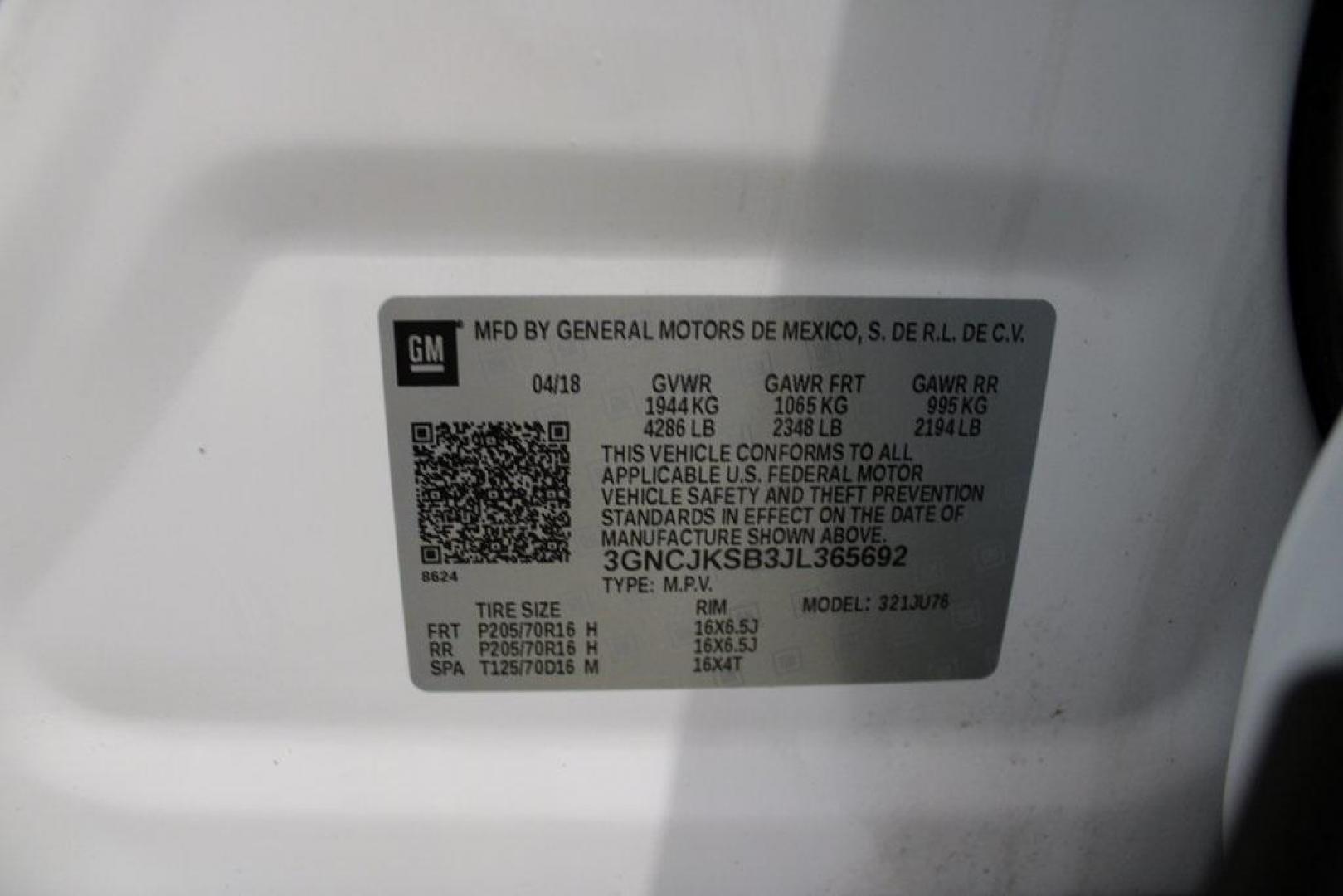2018 Summit White /Black Chevrolet Trax LS (3GNCJKSB3JL) with an ECOTEC 1.4L I4 SMPI DOHC Turbocharged VVT engine, Automatic transmission, located at 15300 Midway Rd., Addison, TX, 75001, (972) 702-0011, 32.958321, -96.838074 - Photo#27