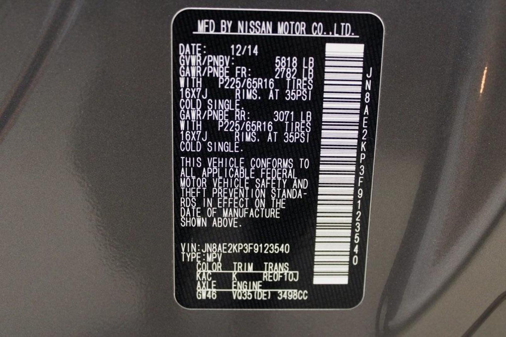 2015 Titanium /Gray Nissan Quest 3.5 SV (JN8AE2KP3F9) with an 3.5L 6-Cylinder DOHC engine, CVT transmission, located at 15300 Midway Rd., Addison, TX, 75001, (972) 702-0011, 32.958321, -96.838074 - 2015 Nissan Quest 3.5 SV<br>Now Available at Midway Auto Group Addison, Texas<br><br>Spacious, refined, and thoughtfully designed, the 2015 Nissan Quest 3.5SV offers premium minivan comfort at a competitive value. Ideal for families or daily drivers, it combines performance, advanced safety, and ve - Photo#27