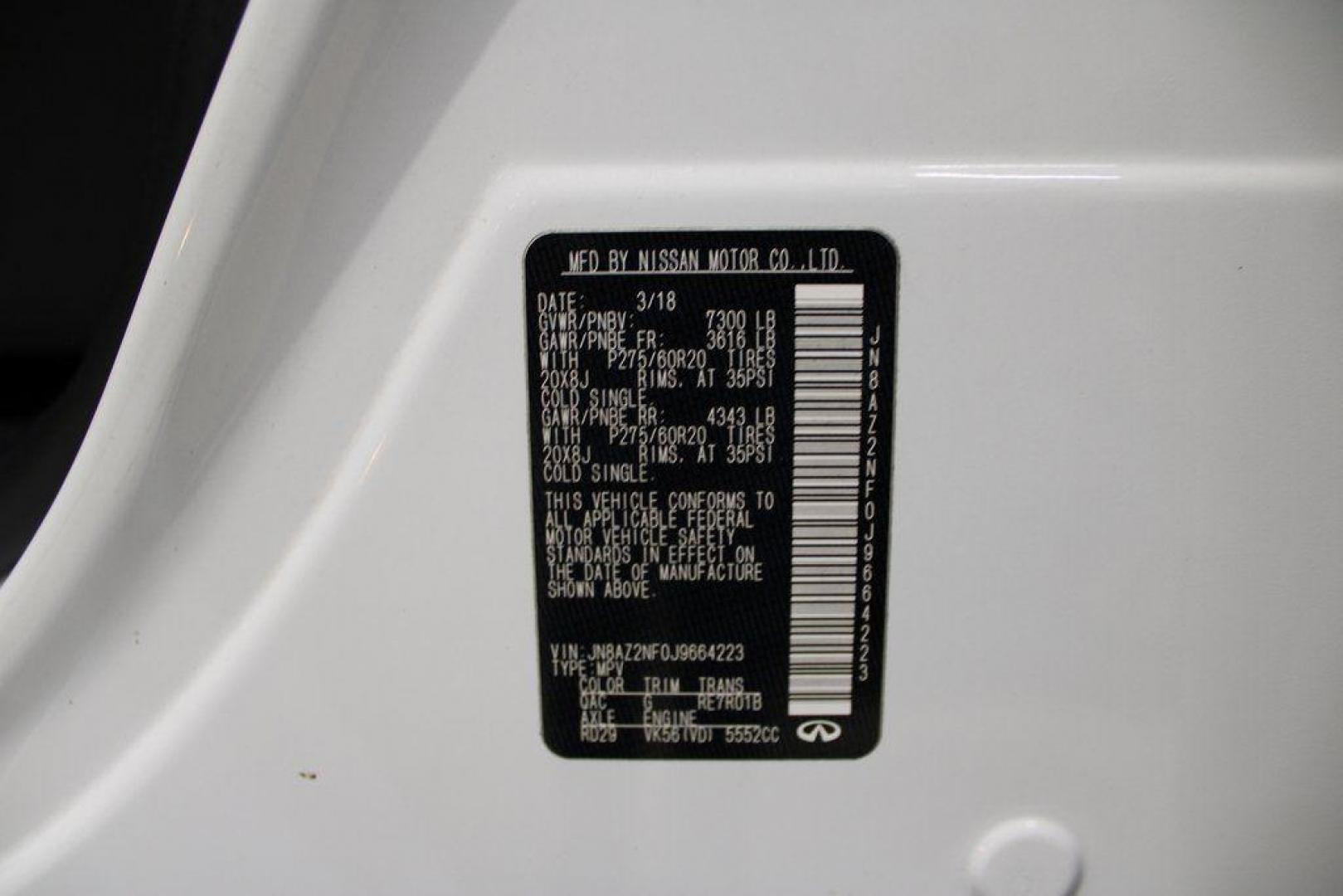 2018 Moonstone White /Graphite INFINITI QX80 Base (JN8AZ2NF0J9) with an 5.6L V8 engine, Automatic transmission, located at 15300 Midway Rd., Addison, TX, 75001, (972) 702-0011, 32.958321, -96.838074 - 2018 INFINITI QX80<br><br>Now Available at Midway Auto Group, Addison, Texas<br><br>Bold, luxurious, and built for families who want full-size capability with premium comfort, the 2018 INFINITI QX80 stands at the top of the luxury SUV segment. With powerful V8 performance, a commanding road presence - Photo#31