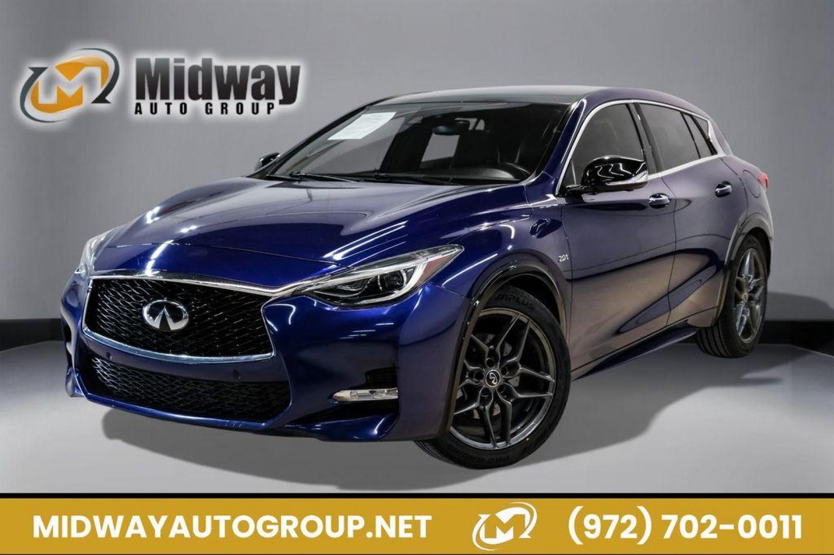 2019 Ink Blue /Graphite INFINITI QX30 Sport (SJKCH5CP8KA) with an 2.0L I4 DOHC Turbocharged engine, Automatic transmission, located at 15300 Midway Rd., Addison, TX, 75001, (972) 702-0011, 32.958321, -96.838074 - 2019 INFINITI QX30 Sport<br><br>Now Available at Midway Auto Group, Addison, Texas<br><br>Aggressive, athletic, and premium the 2019 INFINITI QX30 Sport stands out with its lower stance, sport-tuned suspension, upgraded interior, and bold styling enhancements. As the performance-oriented model in th - Photo#0