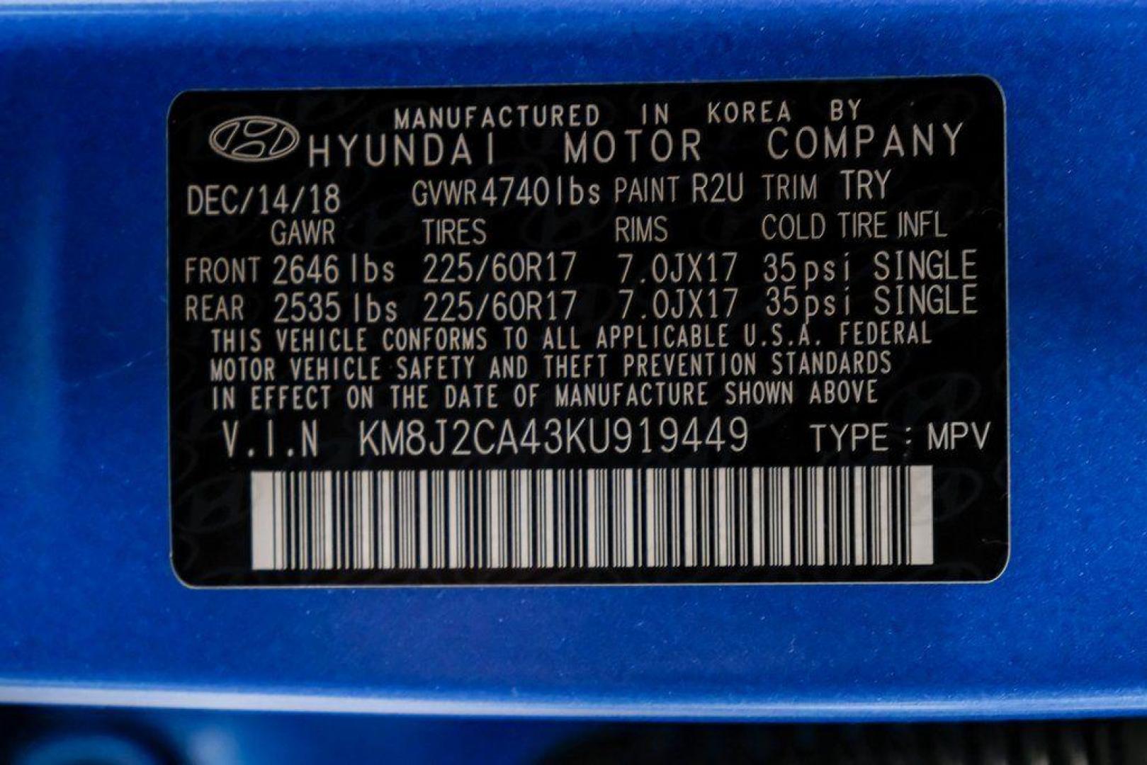 2019 Aqua Blue /Black Hyundai Tucson SE (KM8J2CA43KU) with an I4 engine, Automatic transmission, located at 15300 Midway Rd., Addison, TX, 75001, (972) 702-0011, 32.958321, -96.838074 - Photo#63