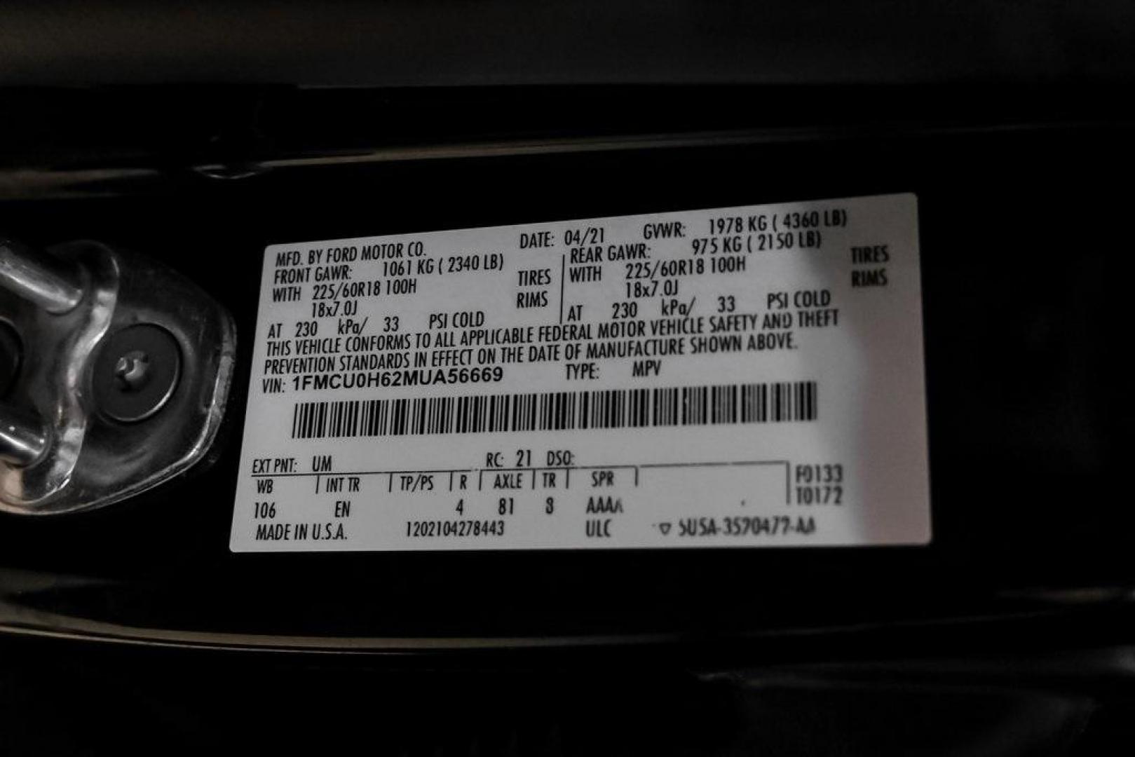 2021 Black Metallic /Sandstone Ford Escape SEL (1FMCU0H62MU) with an 1.5L EcoBoost engine, Automatic transmission, located at 15300 Midway Rd., Addison, TX, 75001, (972) 702-0011, 32.958321, -96.838074 - Photo#53