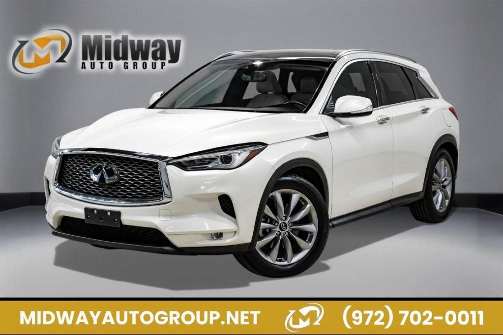 2021 Majestic White /Wheat INFINITI QX50 LUXE (3PCAJ5BA5MF) with an I4 engine, CVT transmission, located at 15300 Midway Rd., Addison, TX, 75001, (972) 702-0011, 32.958321, -96.838074 - Photo#0