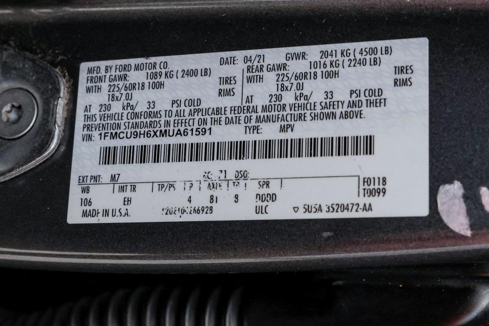 2021 Gray Metallic /Ebony Ford Escape SEL (1FMCU9H6XMU) with an 1.5L EcoBoost engine, Automatic transmission, located at 15300 Midway Rd., Addison, TX, 75001, (972) 702-0011, 32.958321, -96.838074 - Photo#69
