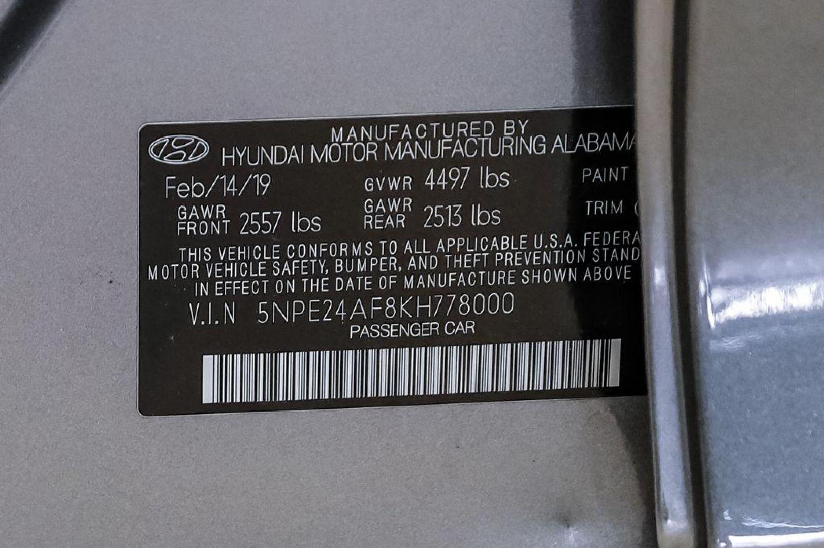 2019 Machine Gray /Gray Hyundai Sonata SE (5NPE24AF8KH) with an 2.4L I4 DGI DOHC 16V engine, Automatic transmission, located at 15300 Midway Rd., Addison, TX, 75001, (972) 702-0011, 32.958321, -96.838074 - Photo#58