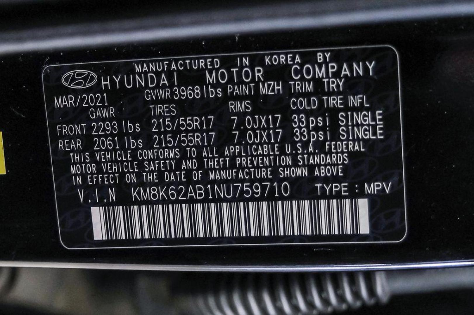 2022 Ultra Black /Black Hyundai Kona SEL (KM8K62AB1NU) with an 2.0L I4 MPI DOHC 16V LEV3-ULEV70 147hp engine, CVT transmission, located at 15300 Midway Rd., Addison, TX, 75001, (972) 702-0011, 32.958321, -96.838074 - Photo#56