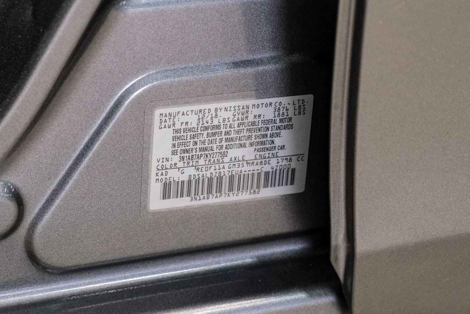 2019 Gun Metallic /Charcoal Nissan Sentra SV (3N1AB7AP7KY) with an 1.8L 4-Cylinder DOHC 16V engine, CVT transmission, located at 15300 Midway Rd., Addison, TX, 75001, (972) 702-0011, 32.958321, -96.838074 - Photo#55