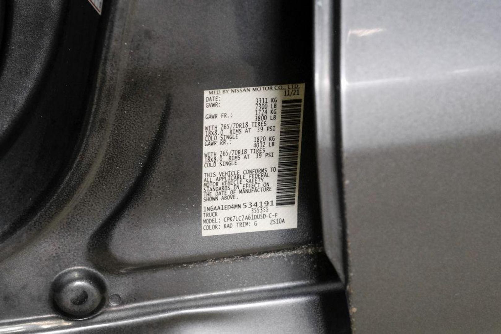 2021 Gun Metallic /Black Nissan Titan SV (1N6AA1ED4MN) with an 5.6L V8 DOHC 32V 400hp engine, Automatic transmission, located at 15300 Midway Rd., Addison, TX, 75001, (972) 702-0011, 32.958321, -96.838074 - Photo#55