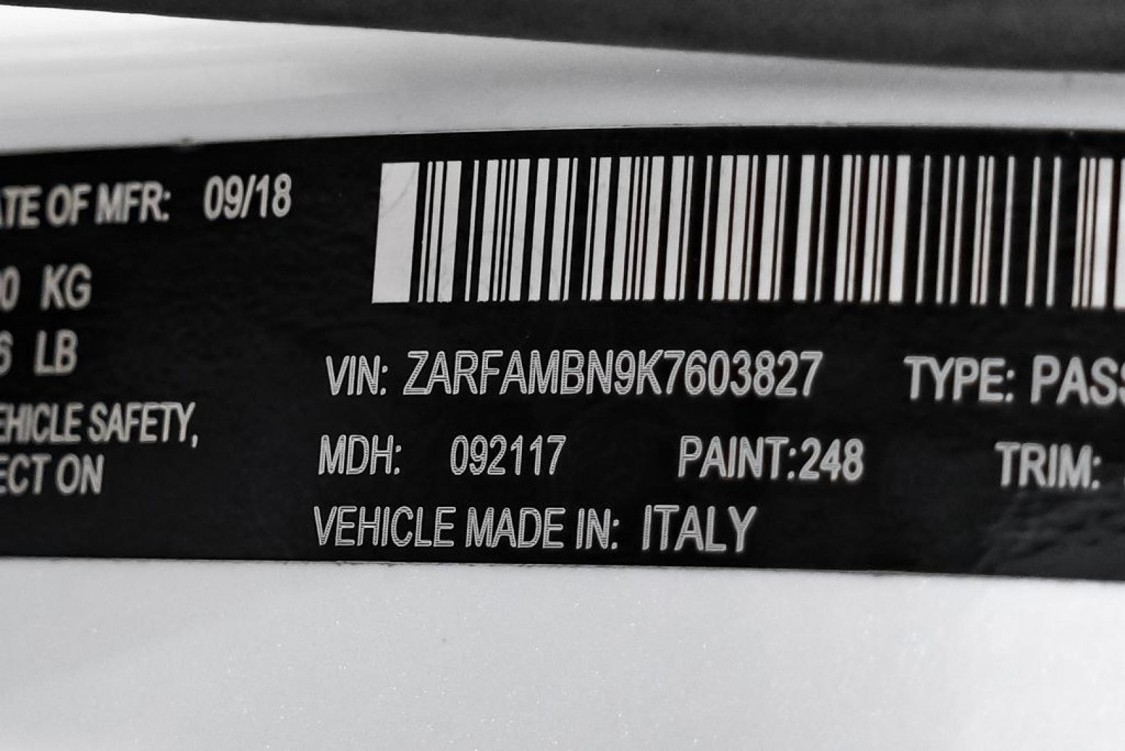 2019 White /Black Alfa Romeo Giulia Ti Sport Carbon (ZARFAMBN9K7) with an I4 engine, Automatic transmission, located at 15300 Midway Rd., Addison, TX, 75001, (972) 702-0011, 32.958321, -96.838074 - Photo#59