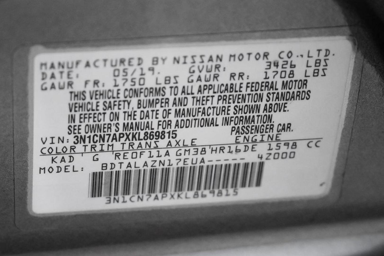 2019 Gun Metallic /Charcoal Nissan Versa 1.6 S Plus (3N1CN7APXKL) with an 1.6L 4-Cylinder DOHC 16V engine, CVT transmission, located at 15300 Midway Rd., Addison, TX, 75001, (972) 702-0011, 32.958321, -96.838074- Photo#51