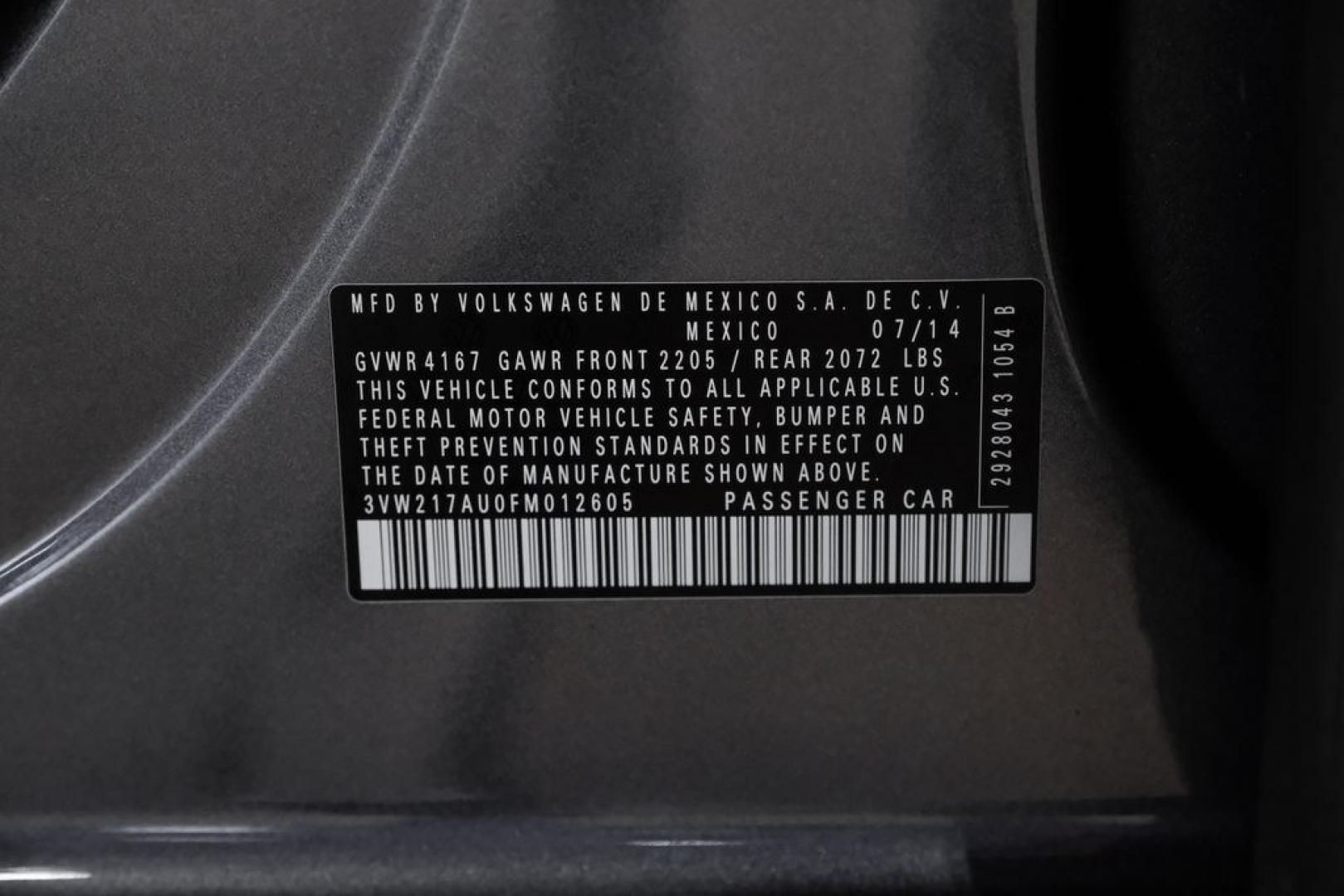 2015 Platinum Gray Metallic /Titan Black Volkswagen Golf TSI S 4-Door (3VW217AU0FM) with an 1.8L I4 Turbocharged DOHC 16V ULEV II 170hp engine, Automatic transmission, located at 15300 Midway Rd., Addison, TX, 75001, (972) 702-0011, 32.958321, -96.838074- Photo#55