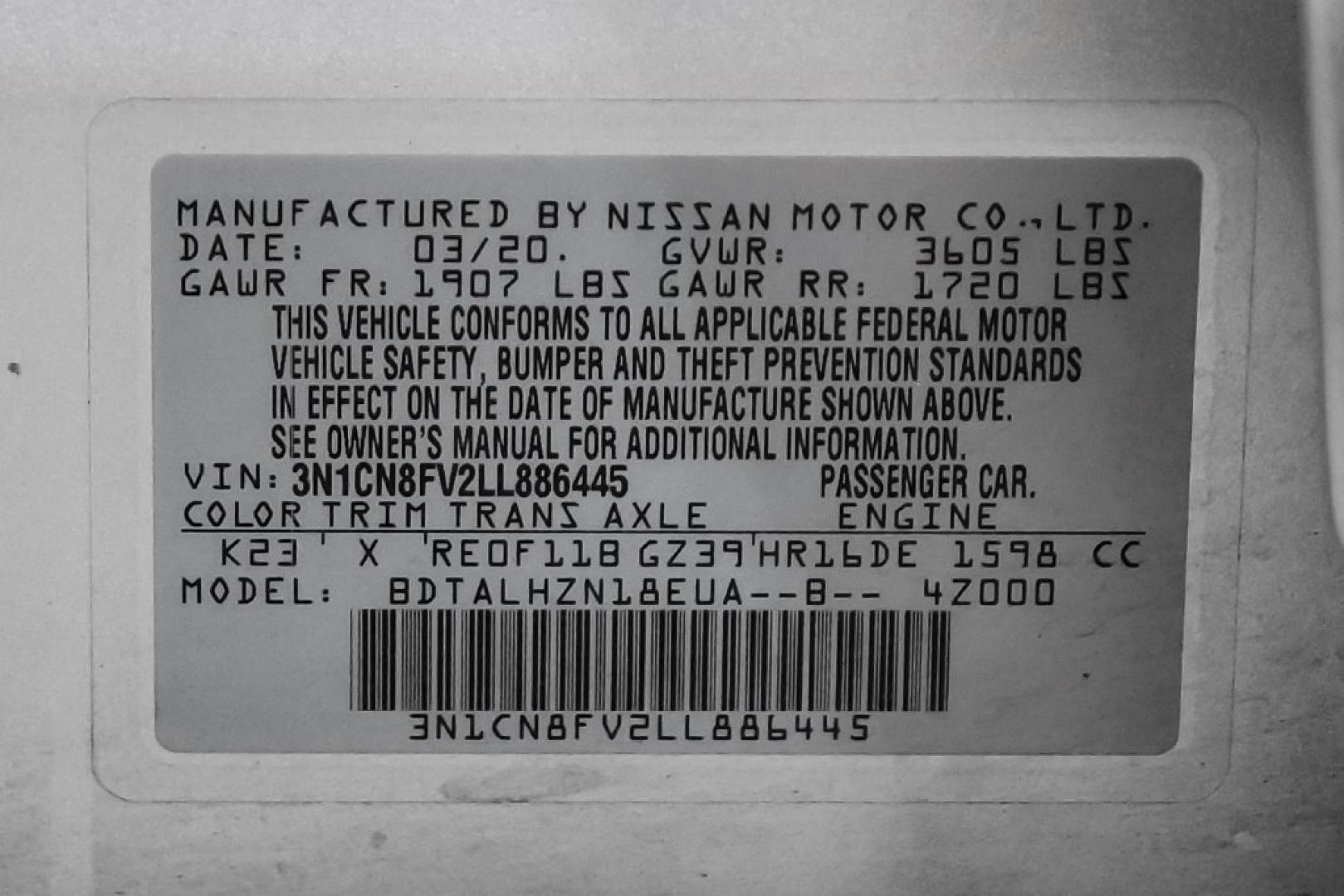 2020 Brilliant Silver Metallic /Sport Interior Nissan Versa 1.6 SR (3N1CN8FV2LL) with an 1.6L 4-Cylinder DOHC 16V engine, CVT transmission, located at 15300 Midway Rd., Addison, TX, 75001, (972) 702-0011, 32.958321, -96.838074- Photo#53