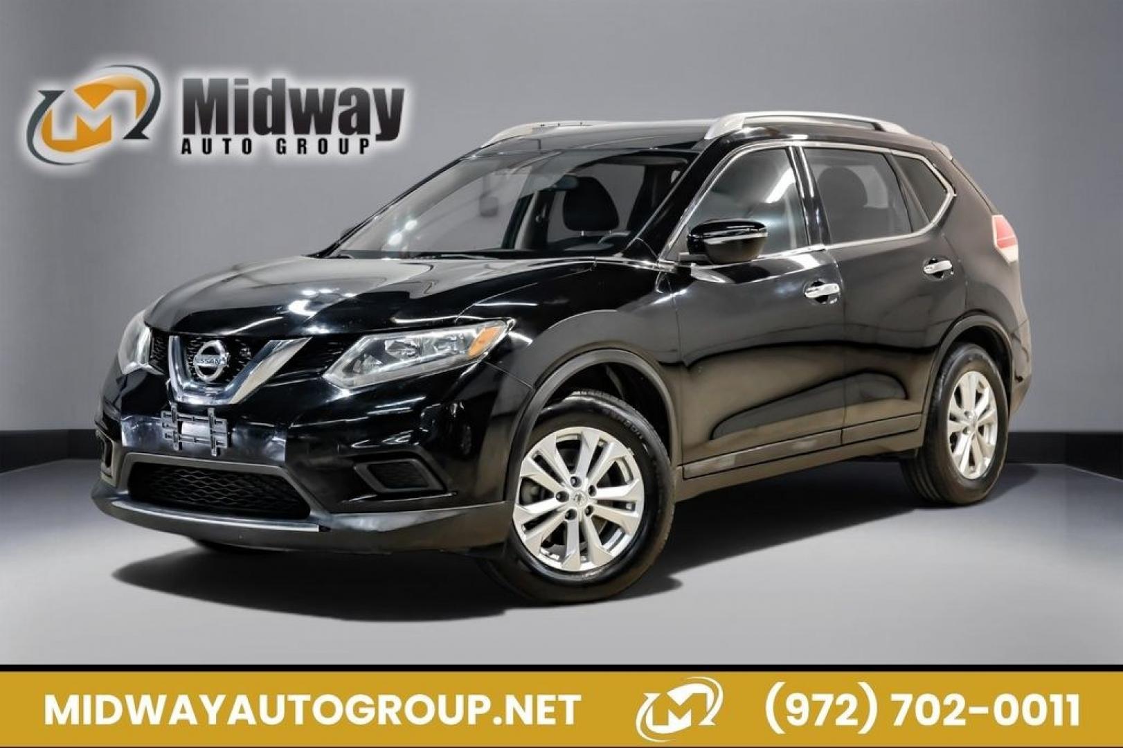 2015 Super Black /Charcoal Nissan Rogue SV (5N1AT2ML0FC) with an 2.5L I4 DOHC 16V engine, CVT transmission, located at 15300 Midway Rd., Addison, TX, 75001, (972) 702-0011, 32.958321, -96.838074- Photo#0