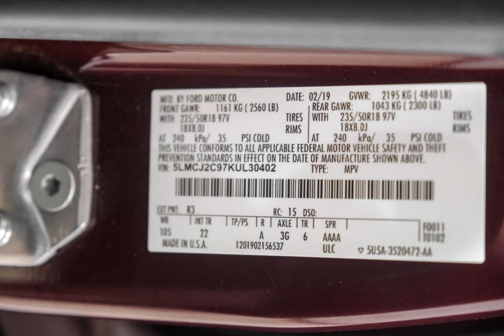 2019 Burgundy /Ebony Lincoln MKC Select (5LMCJ2C97KU) with an 2.0L I4 engine, Automatic transmission, located at 15300 Midway Rd., Addison, TX, 75001, (972) 702-0011, 32.958321, -96.838074- Photo#71