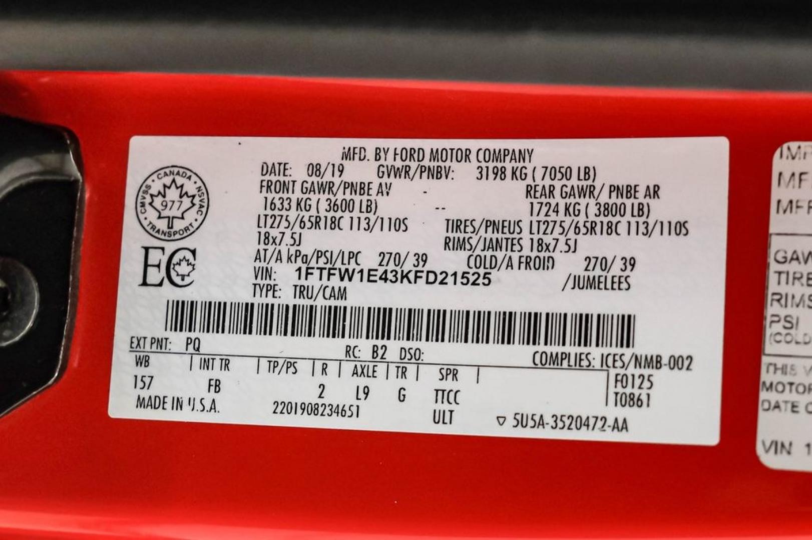 2019 Race Red /Black Ford F-150 XLT (1FTFW1E43KF) with an 3.5L V6 EcoBoost engine, Automatic transmission, located at 15300 Midway Rd., Addison, TX, 75001, (972) 702-0011, 32.958321, -96.838074- Photo#57
