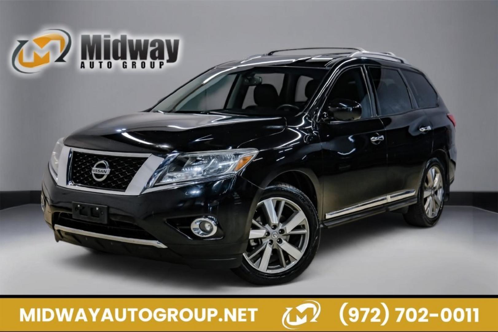 2014 Super Black /Charcoal Nissan Pathfinder Platinum (5N1AR2MN7EC) with an 3.5L V6 engine, CVT transmission, located at 15300 Midway Rd., Addison, TX, 75001, (972) 702-0011, 32.958321, -96.838074- Photo#0
